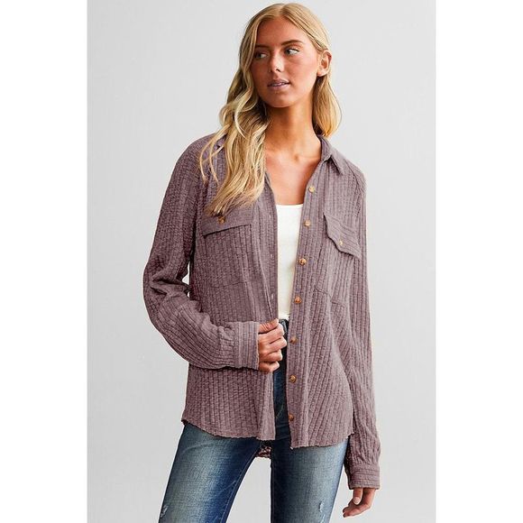 Azura Exchange  Purple Button Flap Pocket Ribbed Knit Shacket - Picture 9 of 15